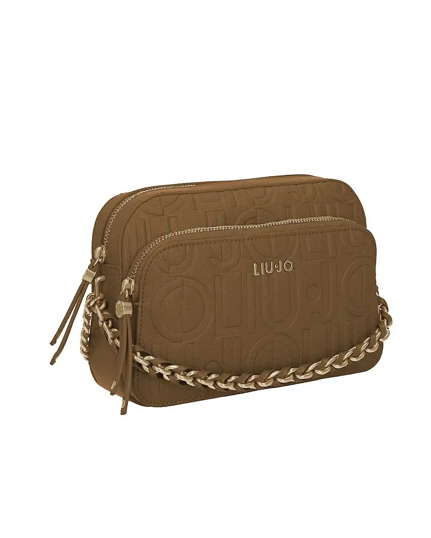 Borsa a tracolla color cuoio in similpelle con motivo logo a rilievo all over embossed e catena decorativa