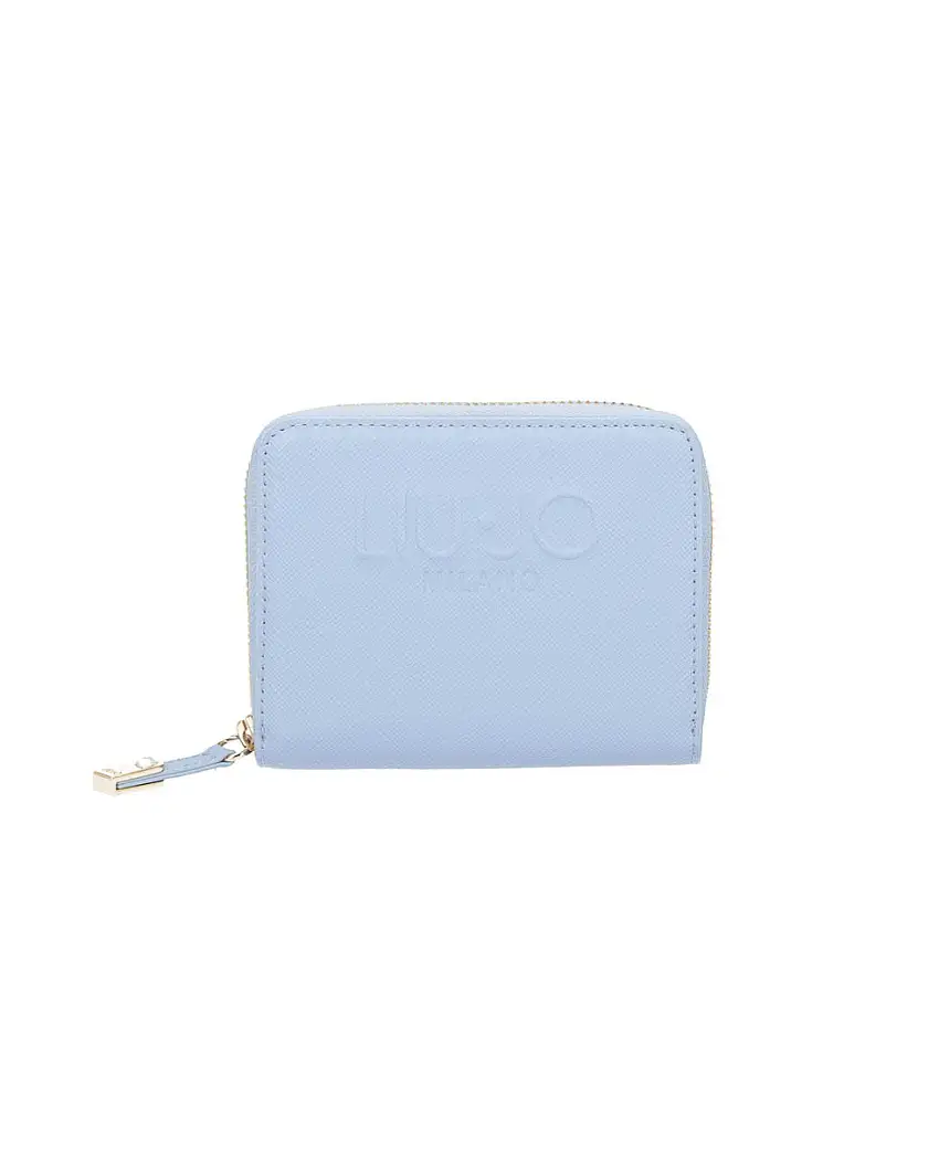 Portafoglio azzurro piccolo in similpelle saffiano con maxi logo in rilievo e chiusura a cerniera