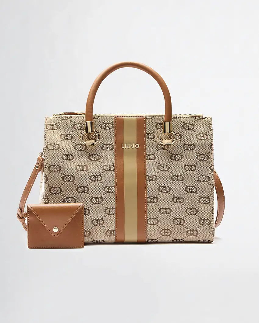 Borsa a mano beige e cuoio a bauletto misura media in tessuto jacquard a motivo monogram