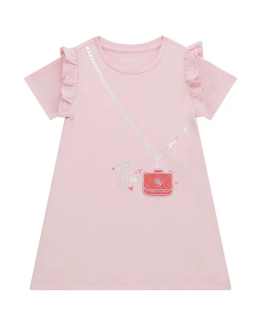 Abito rosa a mezza manica con rouches e ricamo borsetta