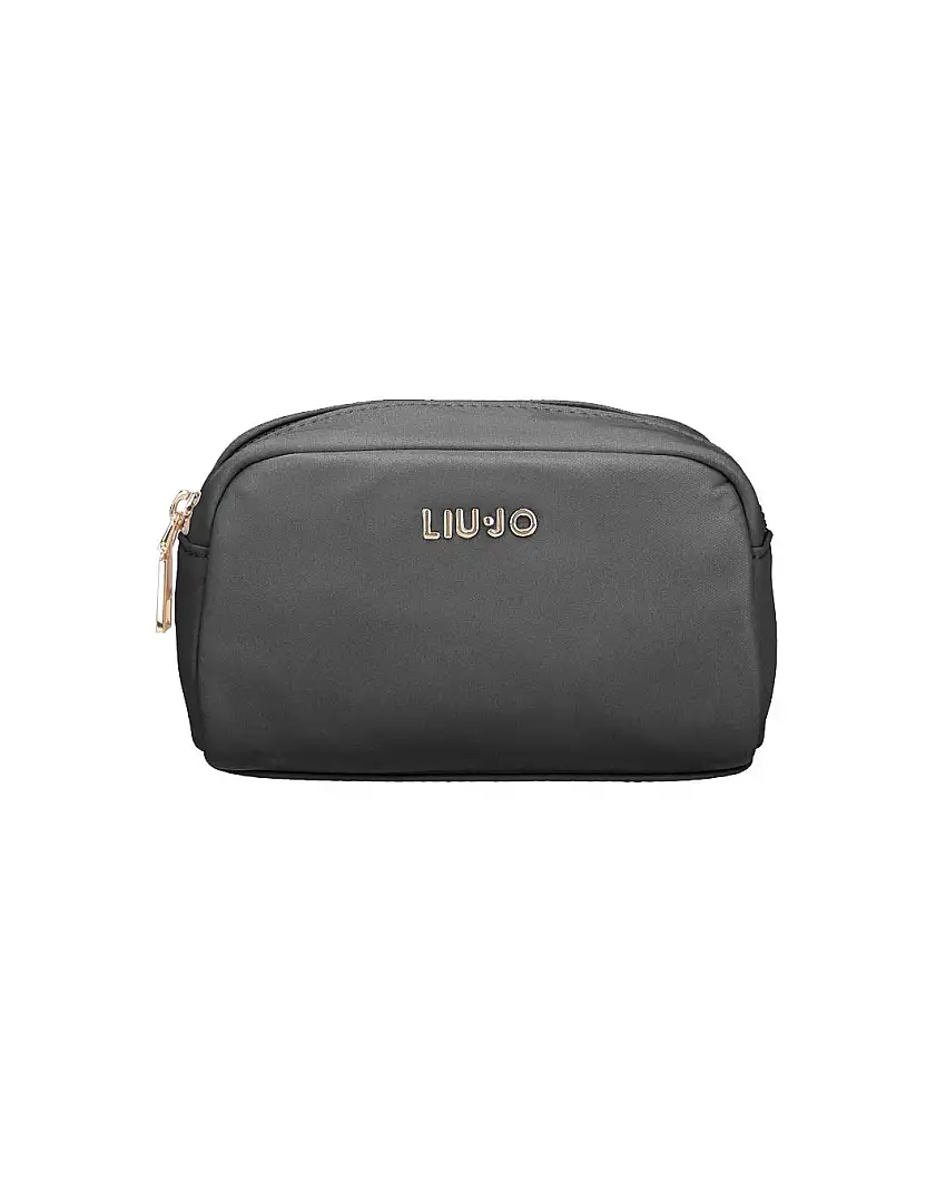 Cosmetic pochette nera in nylon con logo in metallo frontale dorato