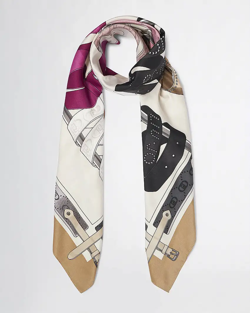 Foulard in raso beige a fantasia Mix belts multicolore con logo con riquadro cammello