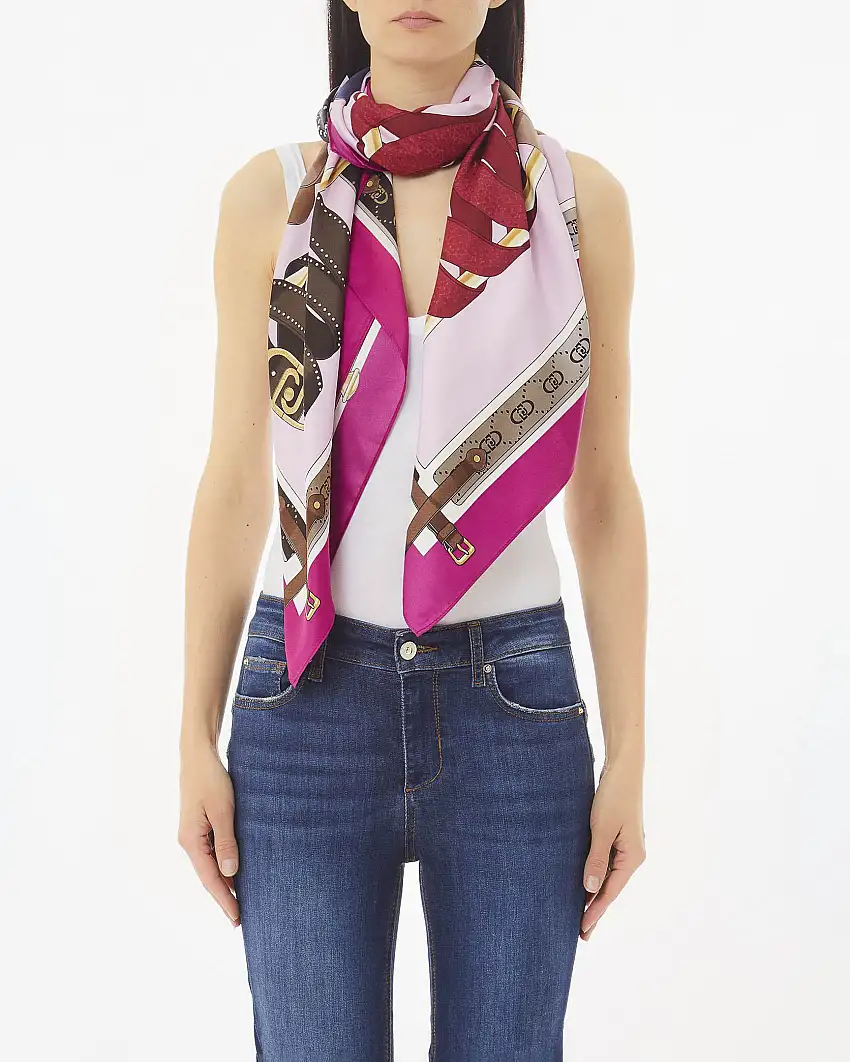 Foulard in raso rosa a fantasia Mix belts multicolore con logo con riquadro fucsia