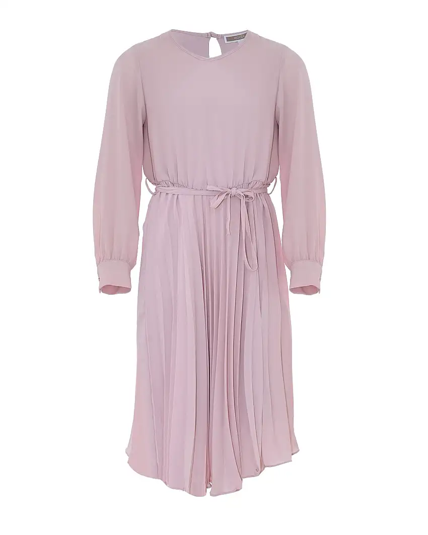 Abito rosa cipria midi in crêpe a maniche lunghe con gonna plissé e cinturino in vita