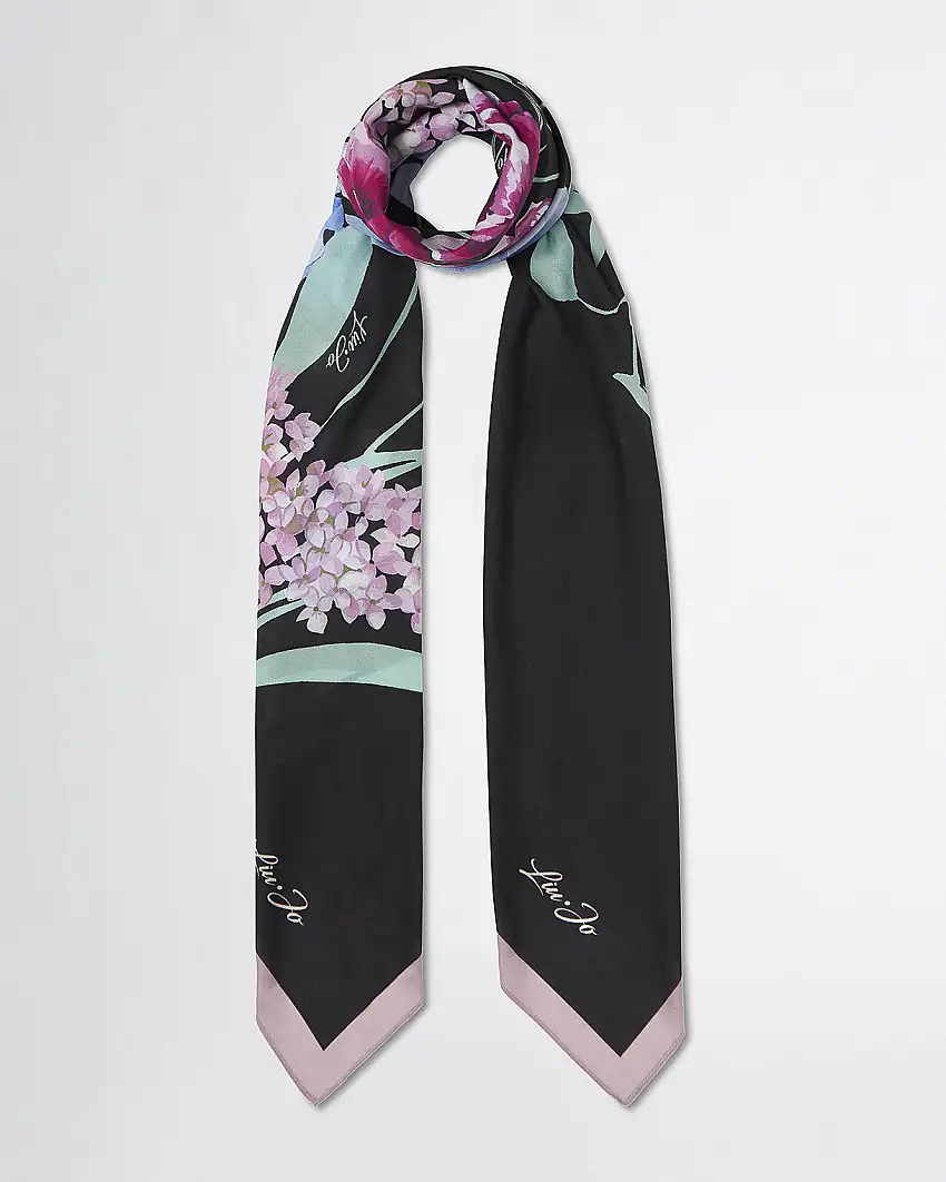 Foulard in raso nera a fantasia floreale multicolore con riquadro rosa
