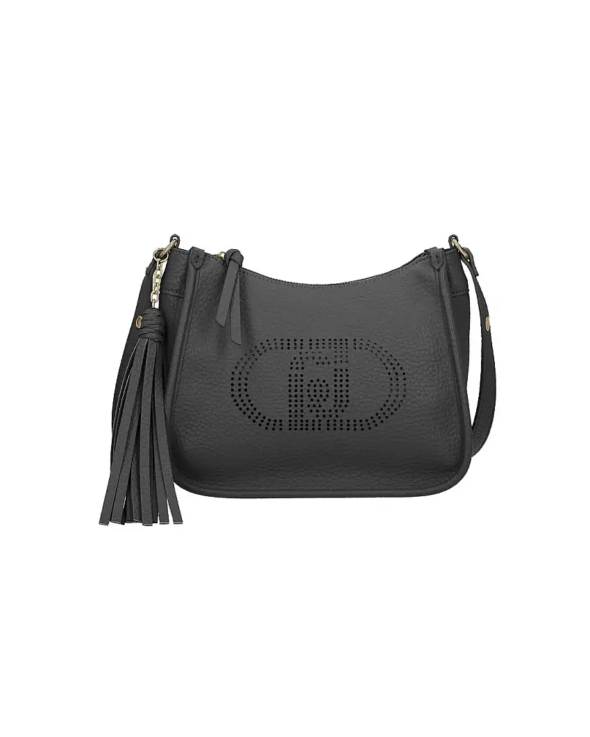 Borsa a spalla nera piccola in similpelle bottalata con charm a nappina e maxi logo in borchie