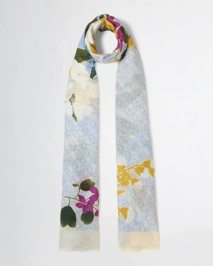 Stola azzurra in bambù a motivo monogram con stampa floreale multicolore