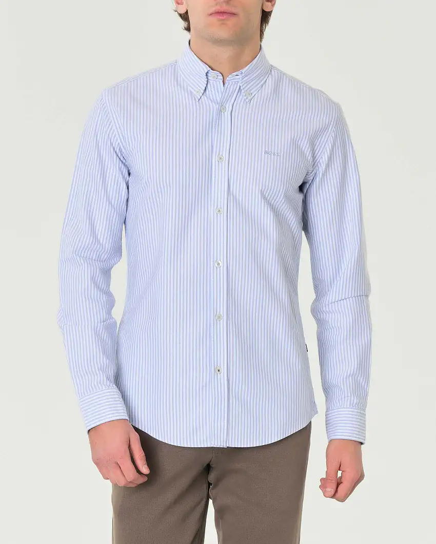 Camicia a righe bianca e azzurra slim-fit in Oxford di puro cotone con logo ricamato sul petto