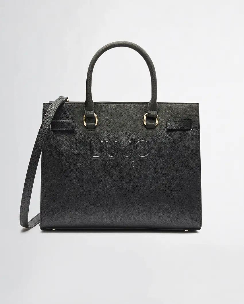 Borsa a mano grande squadrata nera in similpelle saffiano con maxi logo a rilievo e listini regolabili