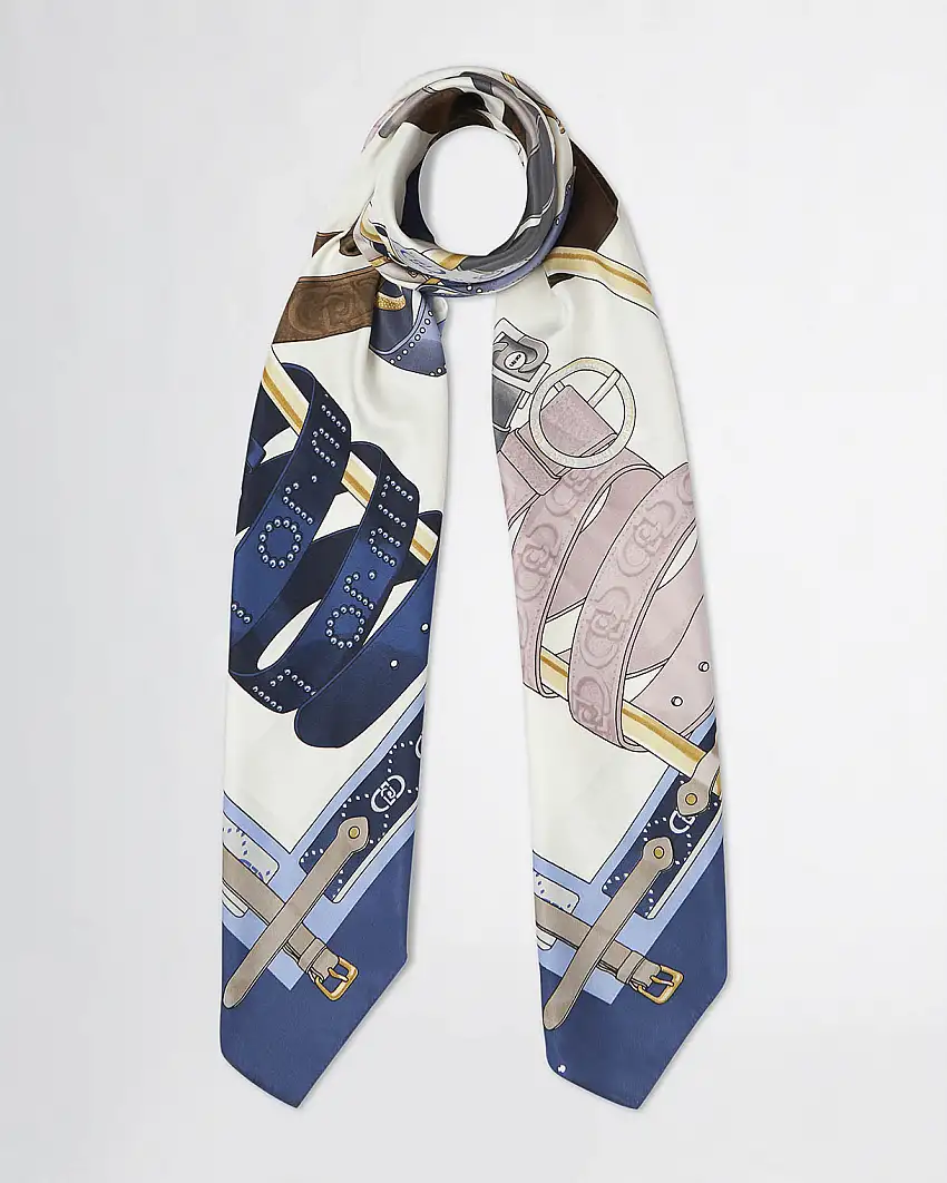 Foulard in raso avorio a fantasia Mix belts multicolore con logo con riquadro avio