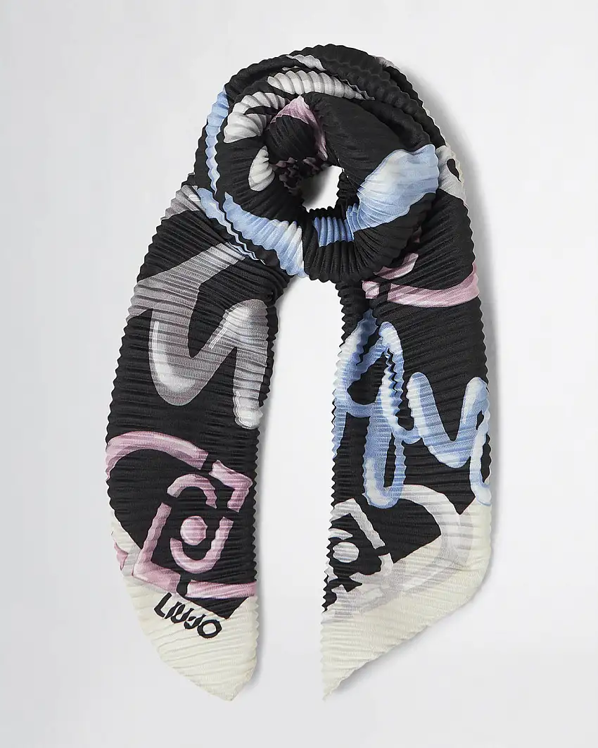 Foulard in tessuto plissettato nero a fantasia logo e scritte Puffy multicolore