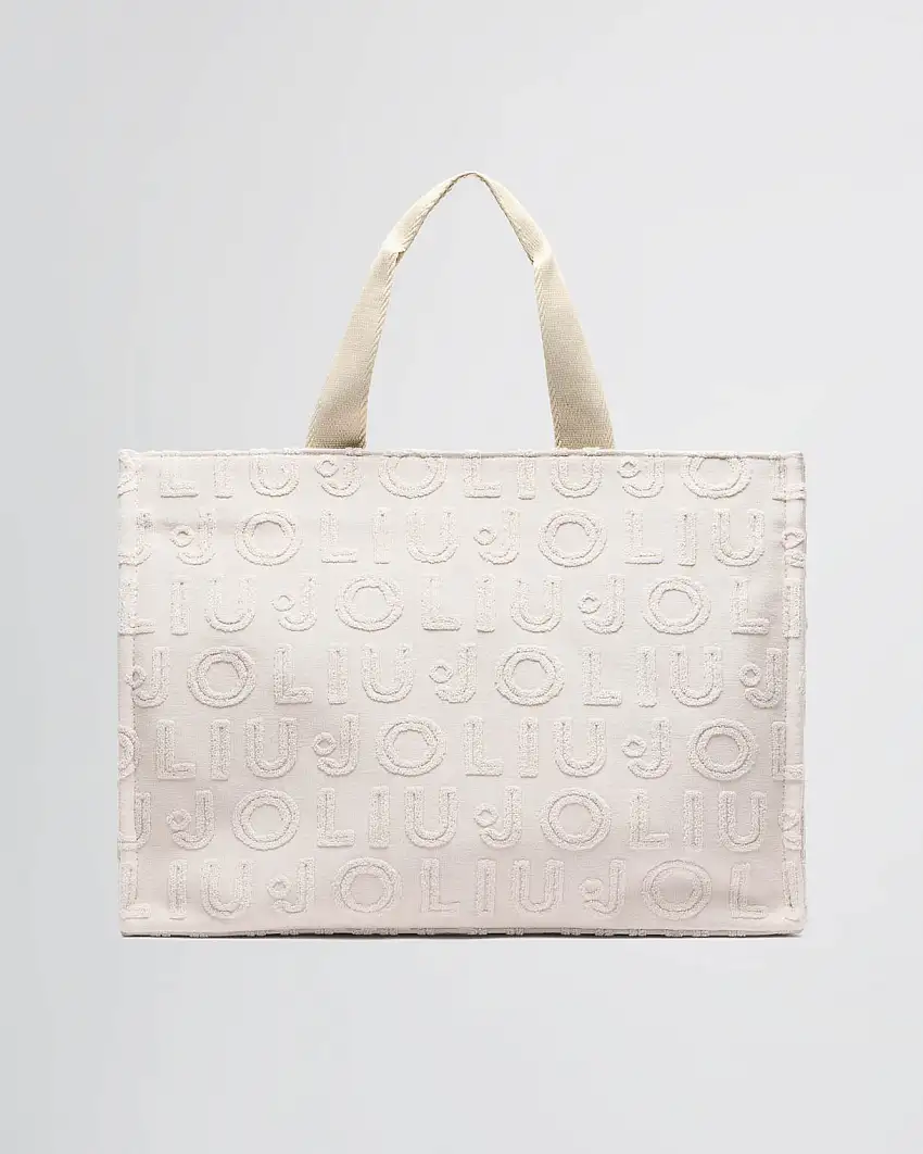 Tote bag color avorio grande in cotone a motivo logo parlato jacquard effetto sfrangiato