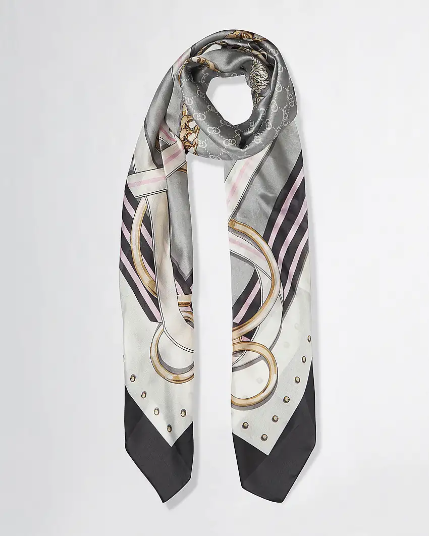 Foulard in raso nero beige e oro con stampa grafica a catene