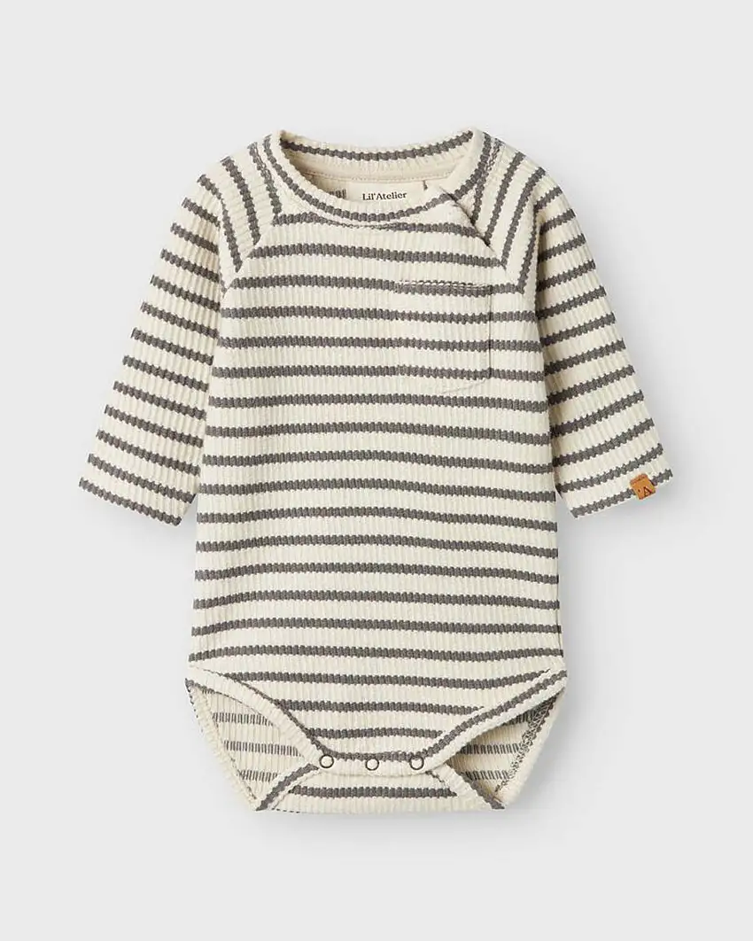 Body Lil'Atelier color panna a righe grigie in puro cotone a maniche lunghe