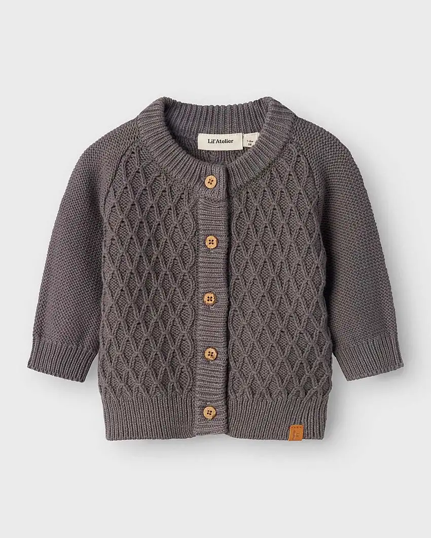 Cardigan Lil'Atelier grigio antracite in puro cotone a trecce