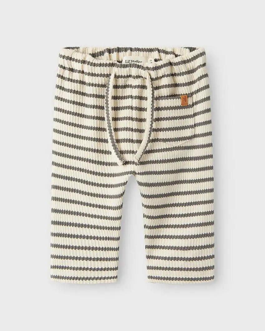 Pantalone Lil'Atelier color avorio a righe grigie in puro cotone con coulisse