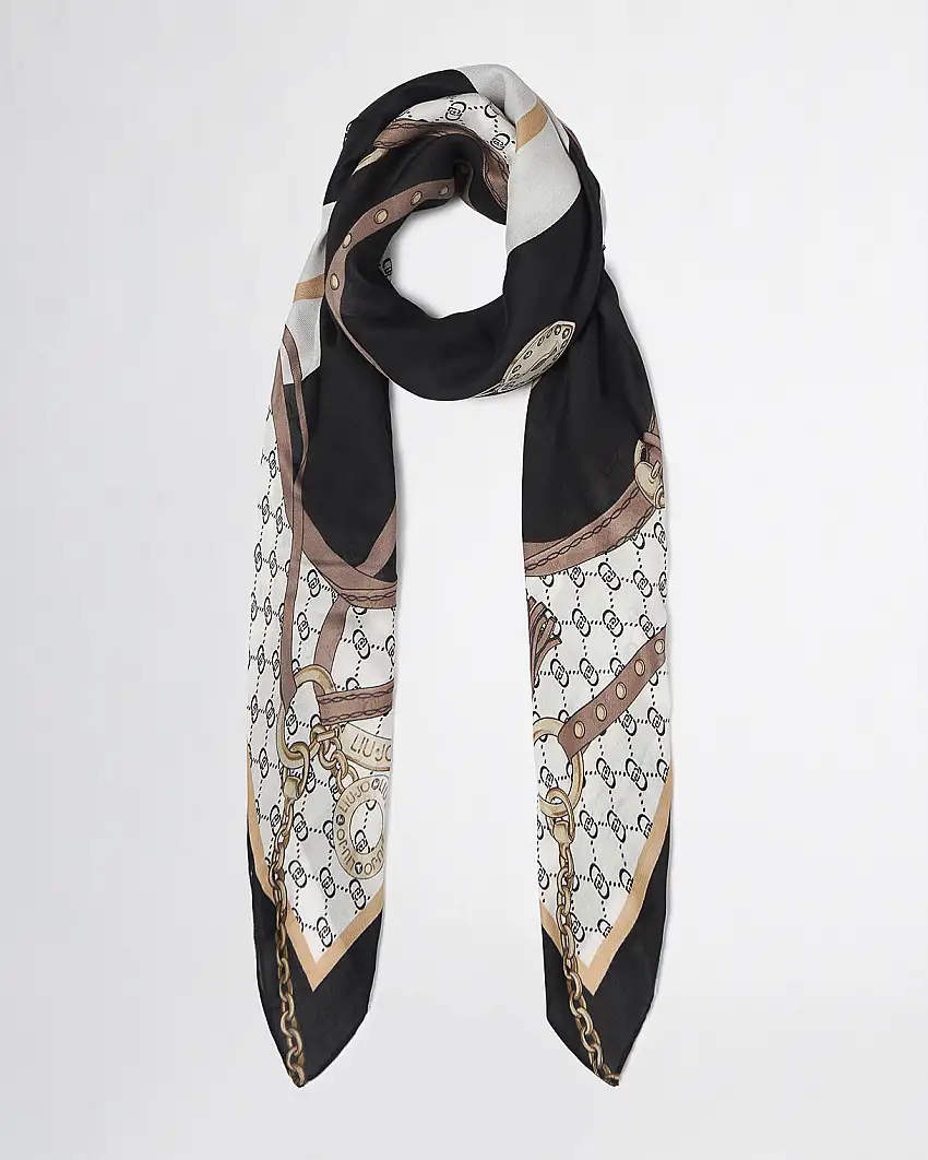 Foulard in modal bianco e nero a fantasia monogram con cinghie e charms