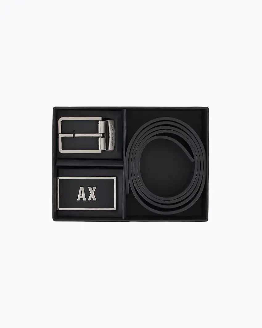 Set cintura nera Armani Exchange in pelle saffiano con doppia fibbia