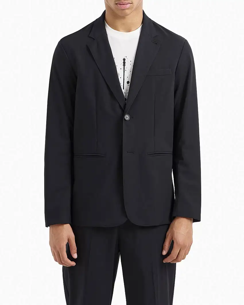 Blazer Armani Exchange blu in tessuto stretch con rever classico e chiusura monopetto