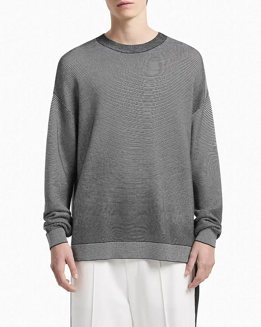 Maglia girocollo blu e bianca in cotone a coste effetto degradè