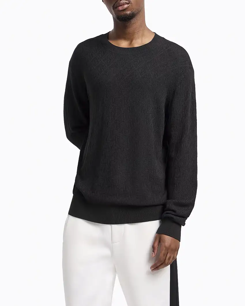 Maglia girocollo verde militare in misto viscosa con lavorazione a rombi e logo AX all over