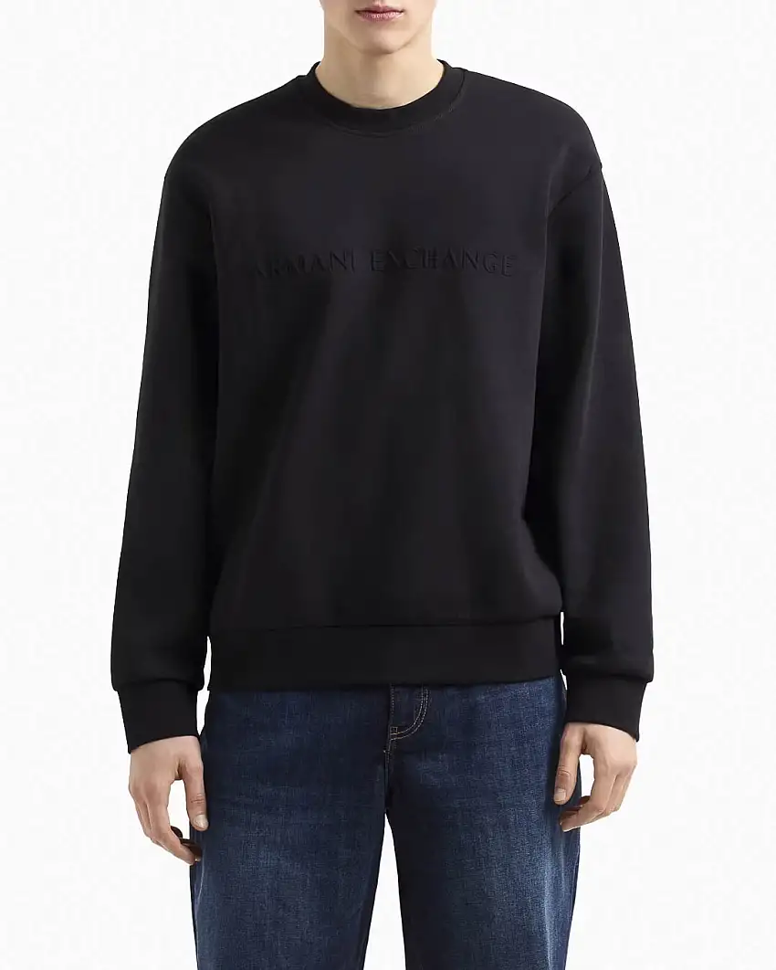 Felpa nera girocollo in cotone stretch con logo scritta tono su tono