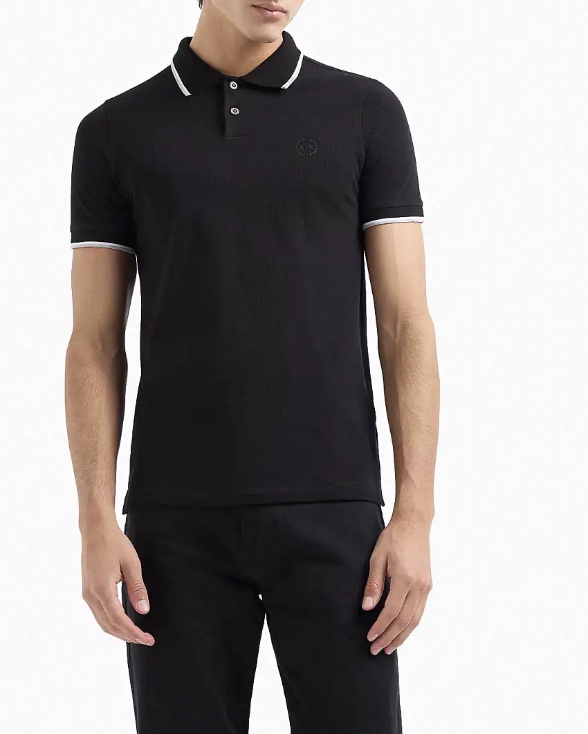 Polo nera in piquè di cotone con bordino bianco e grigio