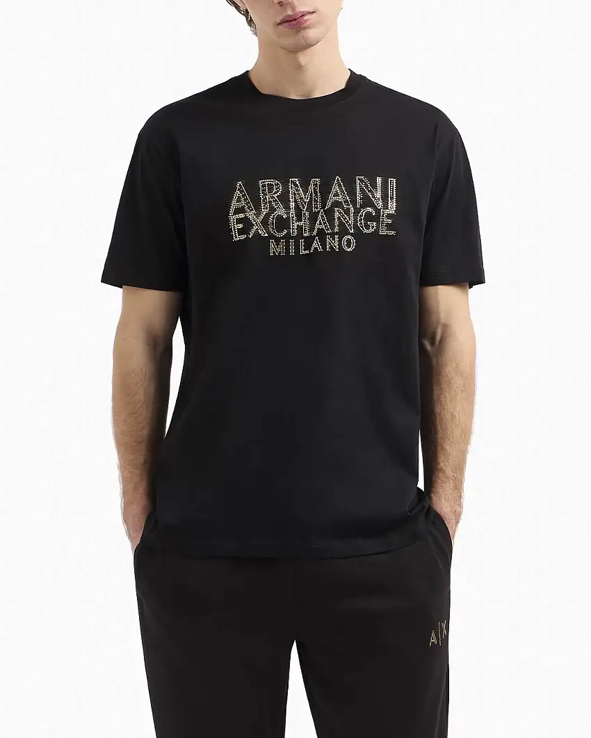 T-shirt nera mezza manica con maxi scritta logo gialla effetto sfocato