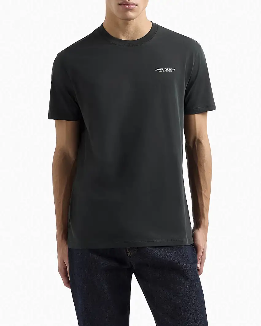 T-shirt verde scuro a mezza manica tinta unita con logo piccolo stampato sul petto