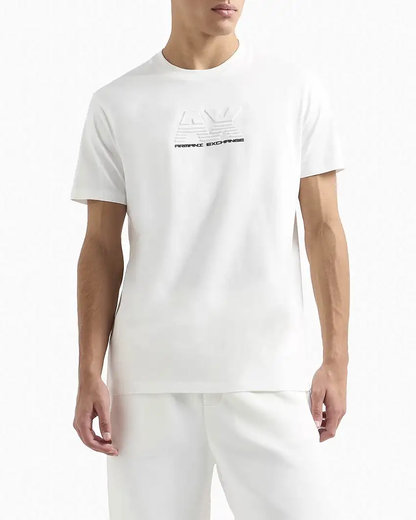 T-shirt bianca mezza manica con logo impresso in rilievo e in tono sul petto