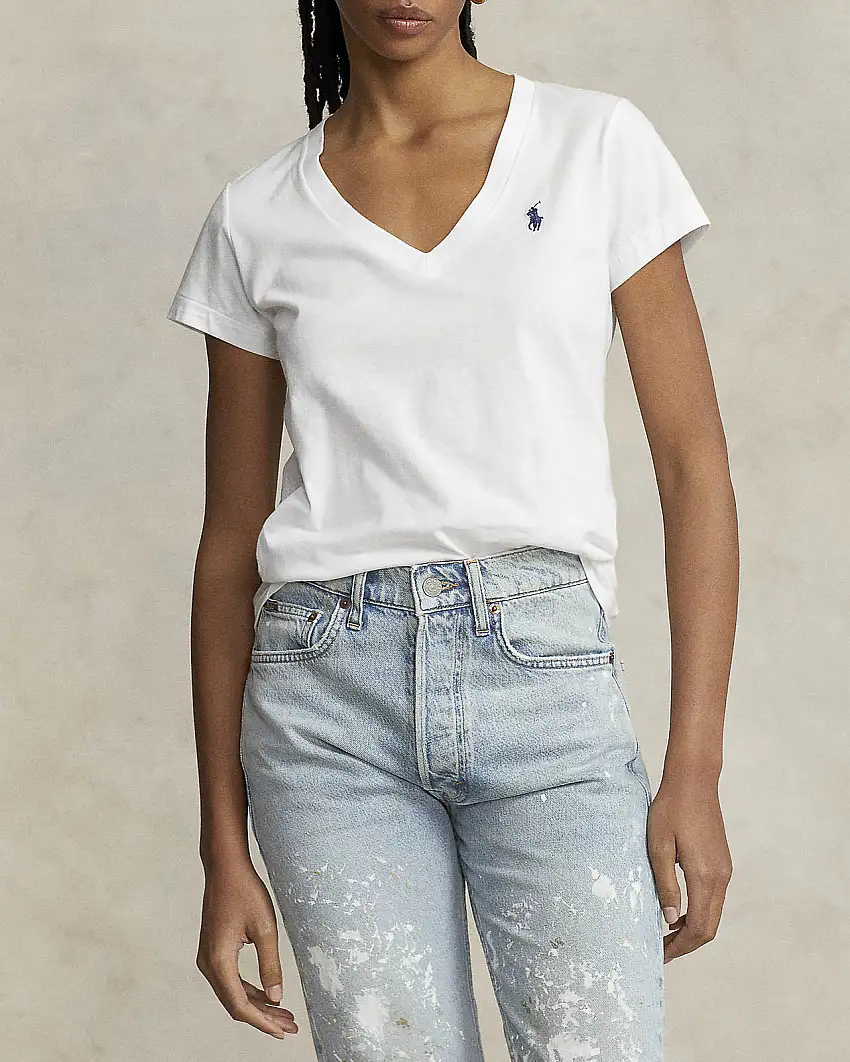 T-shirt bianca in cotone con scollo a V e logo blu ricamato