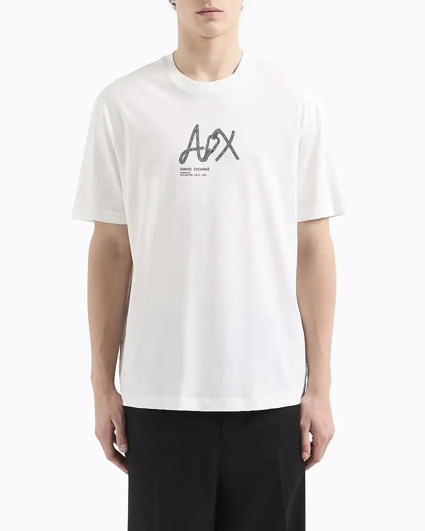 T-shirt bianca mezza manica con stampa grafica logo a corda e moschettone