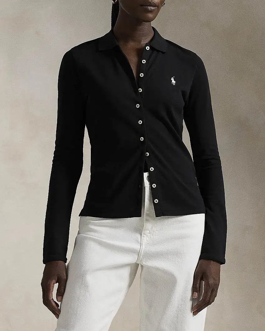 T-shirt nera in piquè di cotone a maniche lunghe con bottoni e colletto a camicia