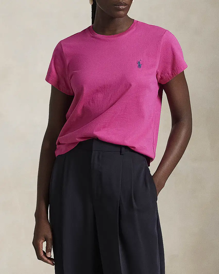 T-shirt fucsia girocollo in cotone con logo blu ricamato