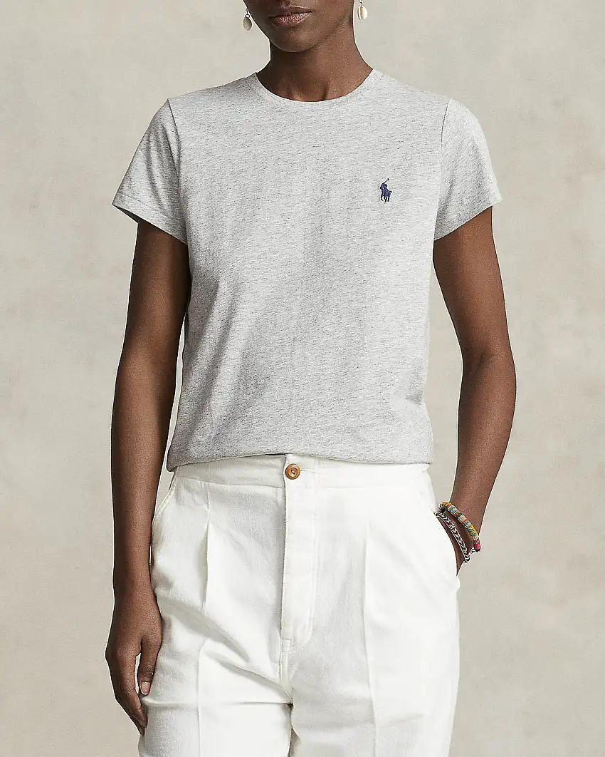 T-shirt grigia chiaro in cotone con scollo tondo e logo ricamato