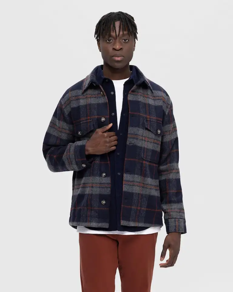 Overshirt a quadri blu grigi e coccio in misto lana con tasche applicate sul petto