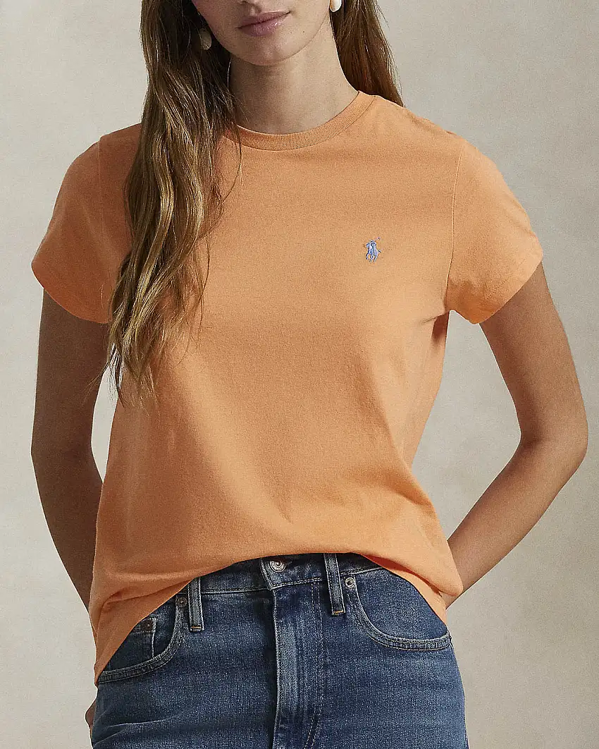 T-shirt arancione girocollo in cotone con logo azzurro ricamato