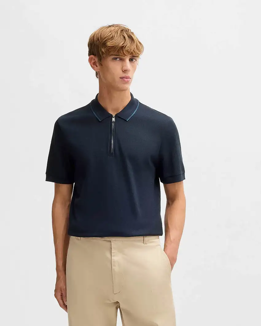 Polo Paras blu in cotone micro armatura con apertura zip e bordino sul colletto