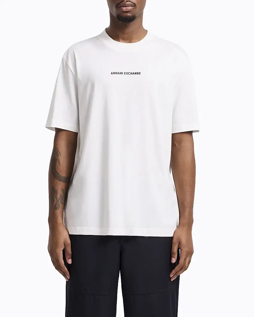 T-shirt bianca in puro cotone con logo nero stampato centrale sul petto e sul retro