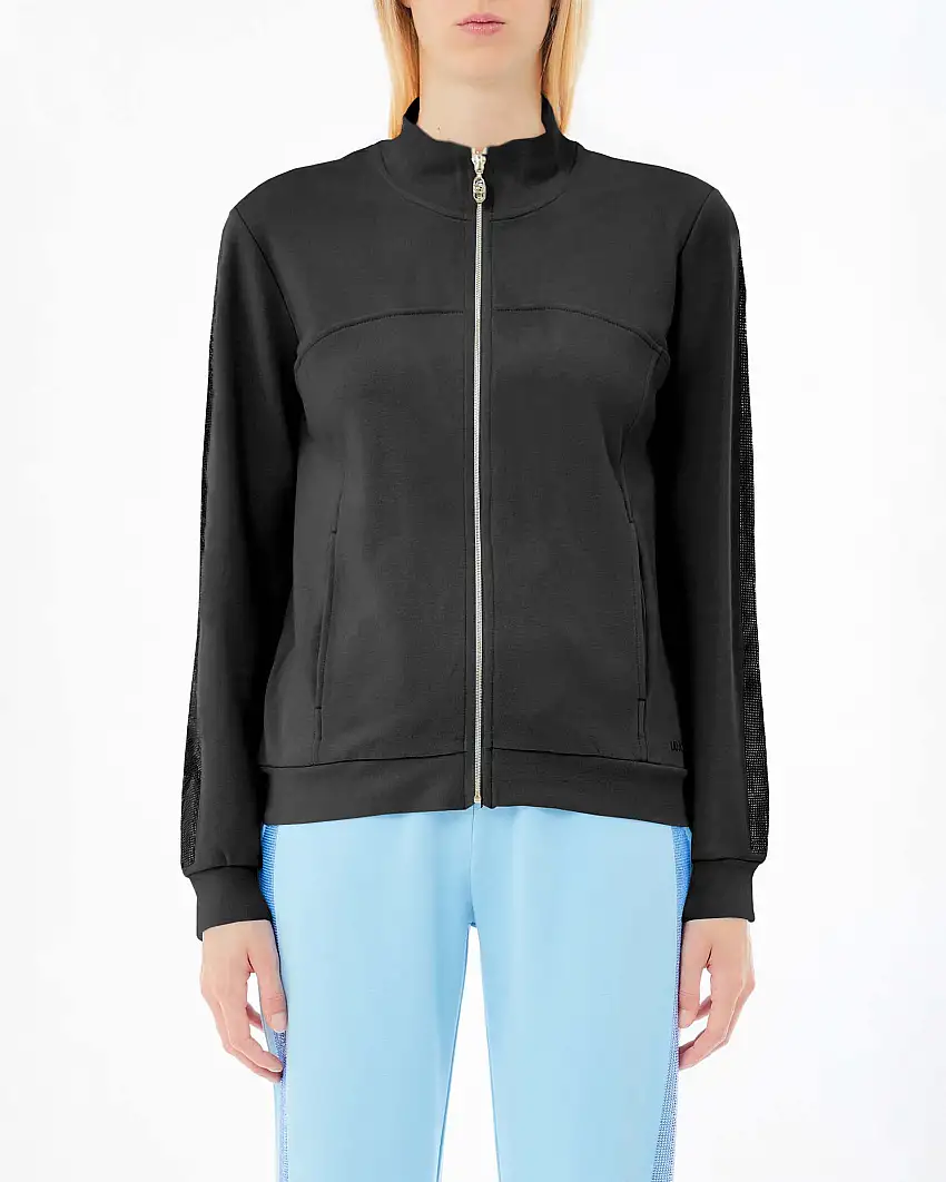 Felpa nera in misto cotone con bande logo in strass tono su tono lungo le maniche