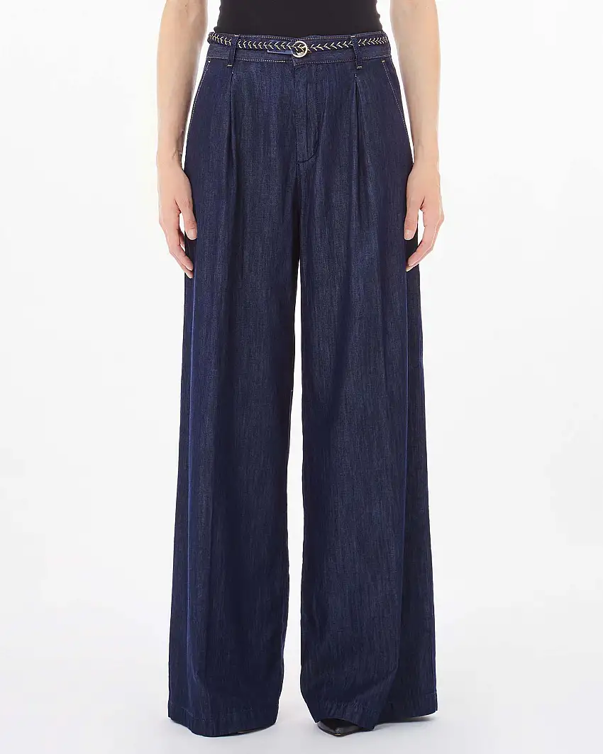 Jeans wide leg a vita alta in tencel di cotone lavaggio scuro con pinces in vita e tasche alla francese