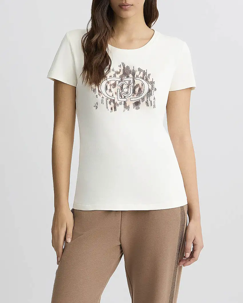 T-shirt avorio in cotone stretch con motivo animalier e scritta logo in strass