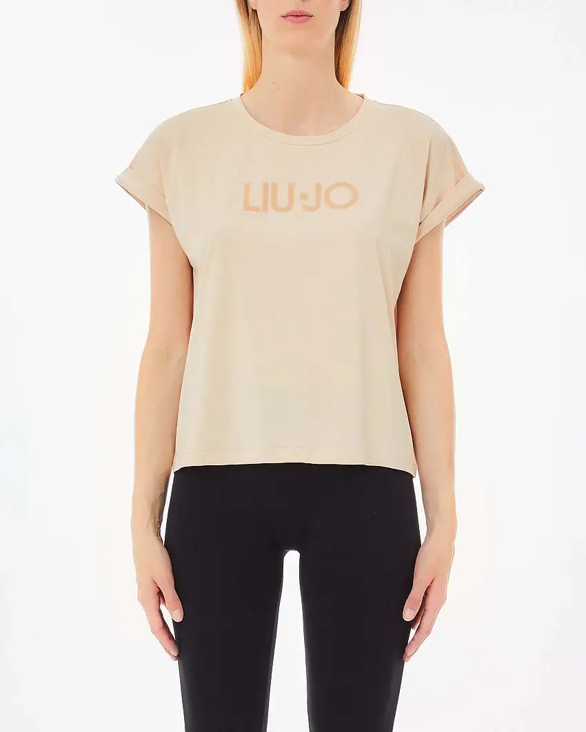T-shirt beige in cotone stretch con maniche ad aletta e scritta logo effetto gommato