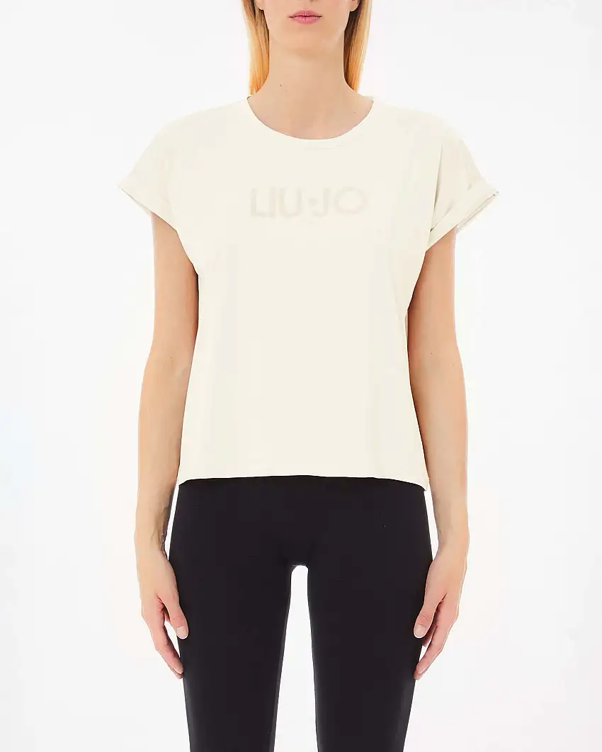 T-shirt bianca in cotone stretch con maniche ad aletta e scritta logo effetto gommato