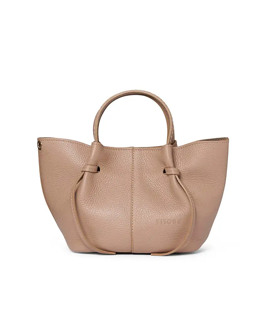 Borsa a mano rosa polvere a trapezio piccola in pelle bottalata con laccetti di regolazione fronte e retro