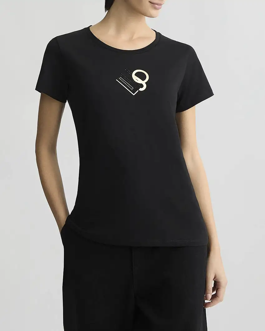 T-shirt nera in cotone con scritta logo nera gialla in strass e glitter