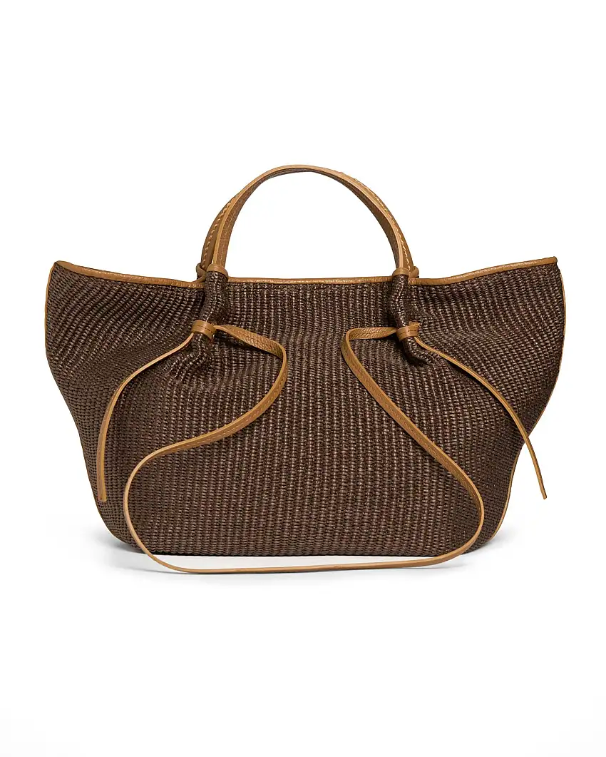 Borsa a mano color testa di moro a trapezio grande in rafia con profili e manici in pelle color cuoio