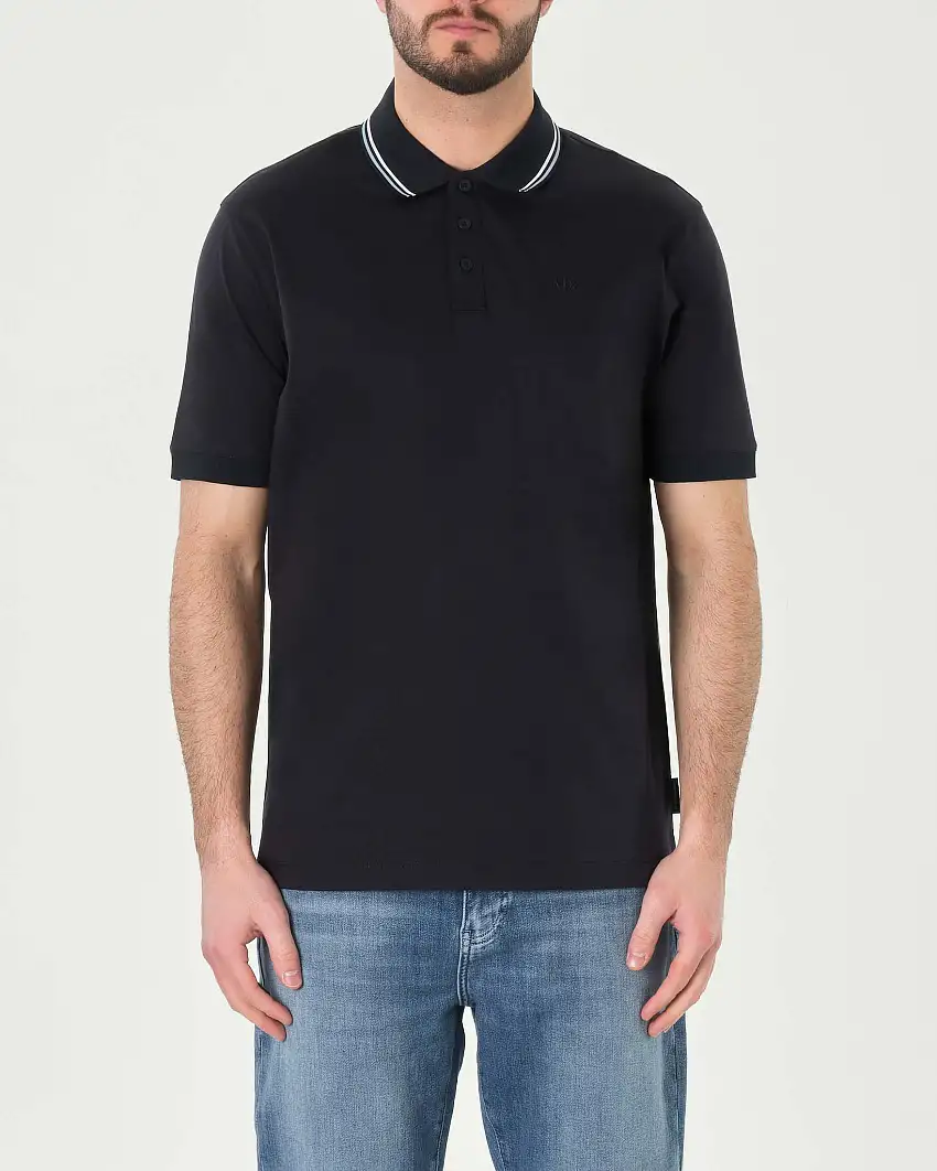 Polo blu mezza manica in puro cotone con bordino azzurro e bianco