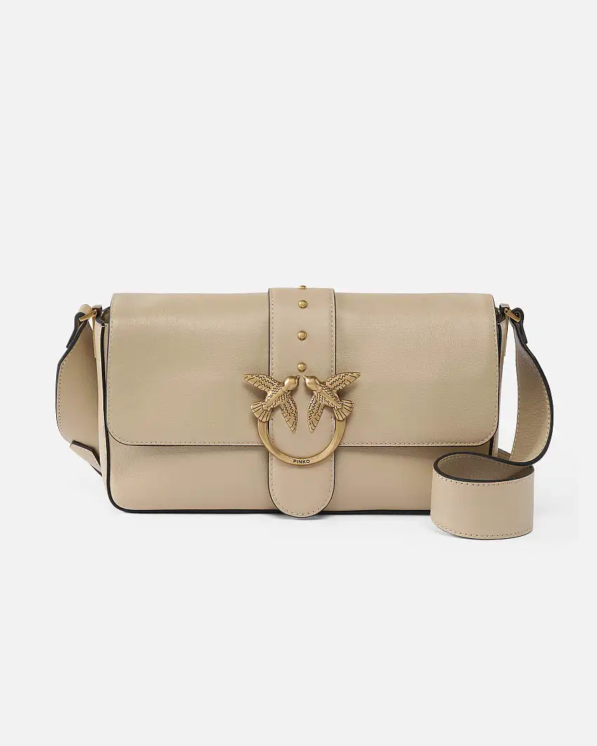 Classic Love Bag Slouchy in pelle beige con tracolla spessa e fibbia Love Birds dorata