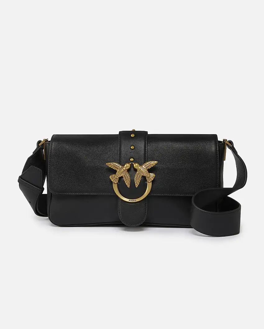 Classic Love Bag Slouchy in pelle nera con tracolla spessa e fibbia Love Birds dorata